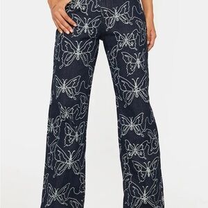 Butterfly Embroidered Wide Leg Jeans